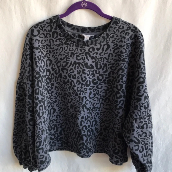Time and Tru women’s leopard print balloon sleeve crop sweatshirt, size L - Picture 1 of 9